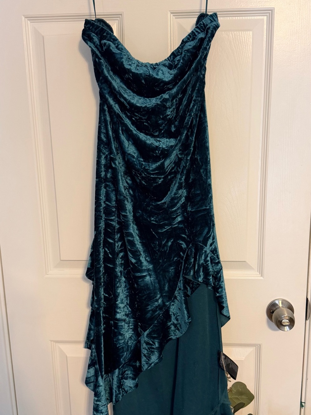 silence + noise Teal Velvet Strapless Draped Ruffle Dress